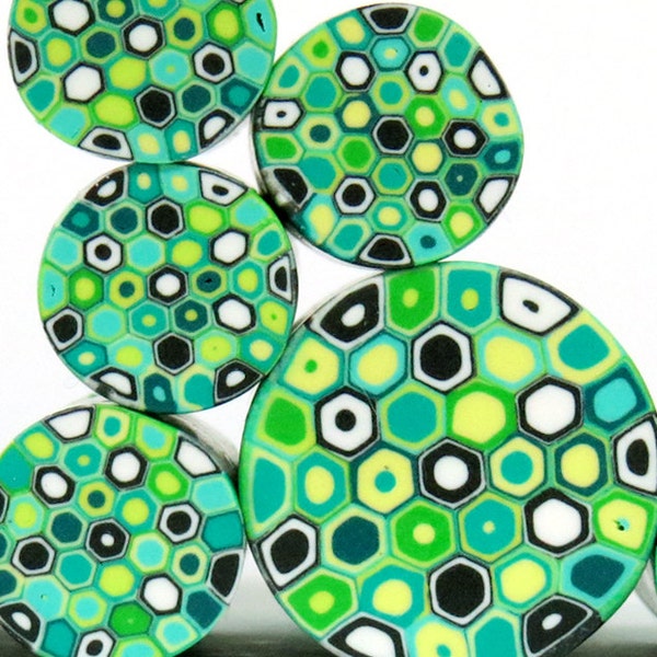 SALE - Greens , Emeralds , light Blue and Black White polymer clay round cane, raw unbaked millefiori Retro Dots cane by Ronit Golan - Fresh