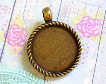 Set of 4 Round pendant blank setting for 25mm 1 inch cabochon, Antique gold bronze plated base bezel tray pendant with roped frame, rustic