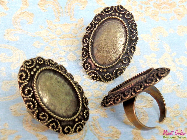 adjustable band Oxidized rustic finish antique gold bronze bezel gemstone setting Bronze Brass Ring Blank setting for 18x25 mm Cabochon