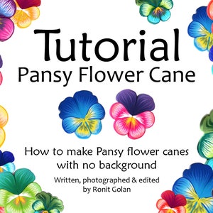 May include: Tutorial for making pansy flower canes with no background. The image shows colorful pansy flowers with yellow, blue, red, and green petals.