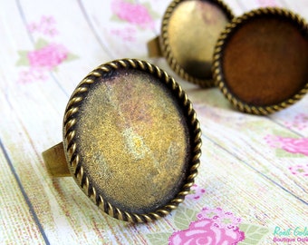 Set of 5 Round Brass Bronze Ring Blank base setting for 25 mm, 1 inch cab, Adjustable wide band, oxidized rustic, Statement ring bezel tray