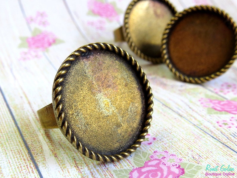 Set of 5 Round Brass Bronze Ring Blank base setting for 25 mm, 1 inch cab, Adjustable wide band, oxidized rustic, Statement ring bezel tray Bild 1