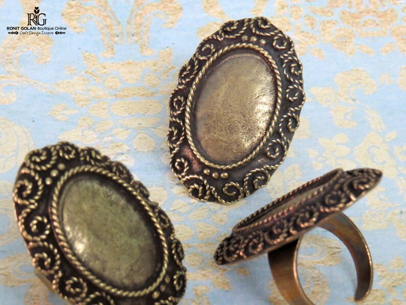 adjustable band Oxidized rustic finish antique gold bronze bezel gemstone setting Bronze Brass Ring Blank setting for 18x25 mm Cabochon