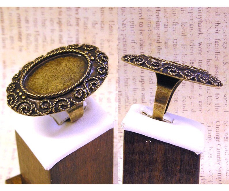 adjustable band Oxidized rustic finish antique gold bronze bezel gemstone setting Bronze Brass Ring Blank setting for 18x25 mm Cabochon