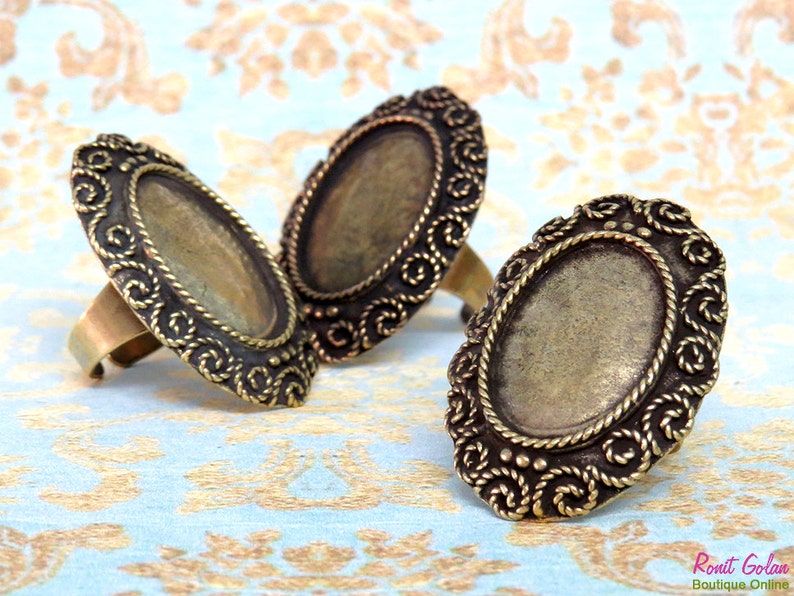 adjustable band Oxidized rustic finish antique gold bronze bezel gemstone setting Bronze Brass Ring Blank setting for 18x25 mm Cabochon