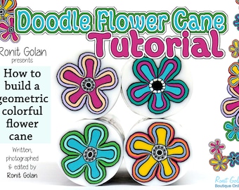 Zelfstudie doodle bloemriet, polymeerklei e-boek voor beginners, pdf-tutorial voor polymeerklei, zelfstudie geometrische riet door Ronit Golan