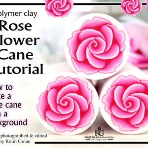 Może przedstawiać: Zbliżenie na trzy pręty z polimerowej gliny z wzorem różowej róży. Pręty są ułożone jeden na drugim. Tekst "Polymer clay Rose Flower Cane Tutorial" jest widoczny w górnej części obrazu.