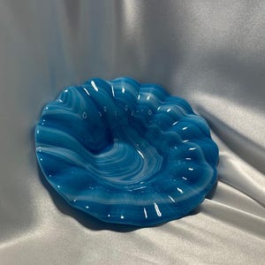 Ocean-Inspired Handmade Blue Fused Glass Bowl with Wavy Rippled Edge - Decorative Centerpiece Art Dish