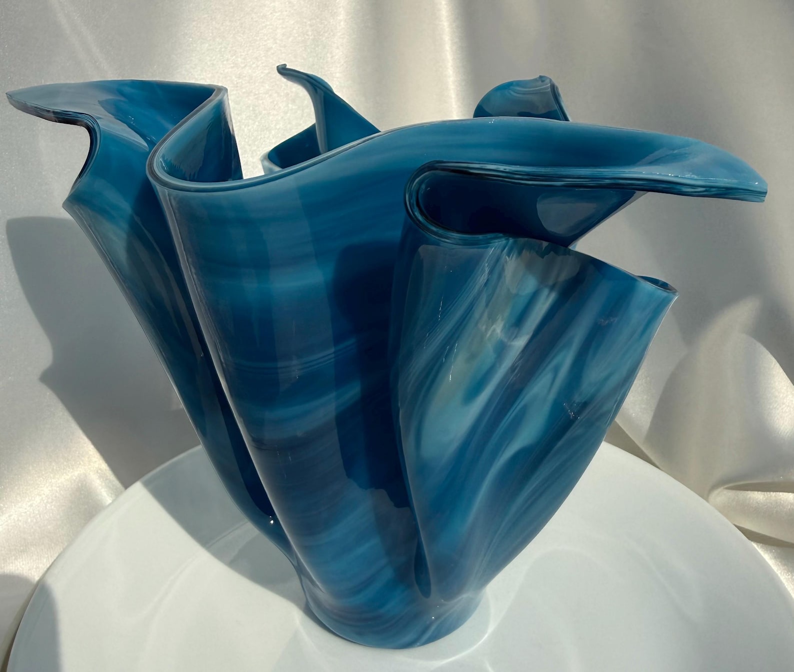 Fused Blue Art Glass Vase Sculptural Ruffled Edge Vessel Coastal 