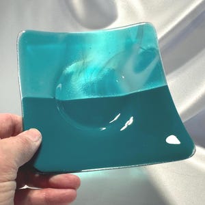 Handmade Turquoise Square Fused Glass Plate: Modern Coastal Decor Serving Dish & Unique Centerpiece