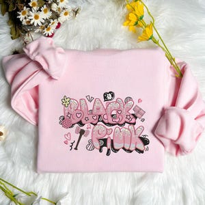 ブラックピンク刺繍スウェットシャツ | かわいいKポップクロップクルーネック | ブリンク美的パーカー | ブラックピンクファンギフト ESN1685