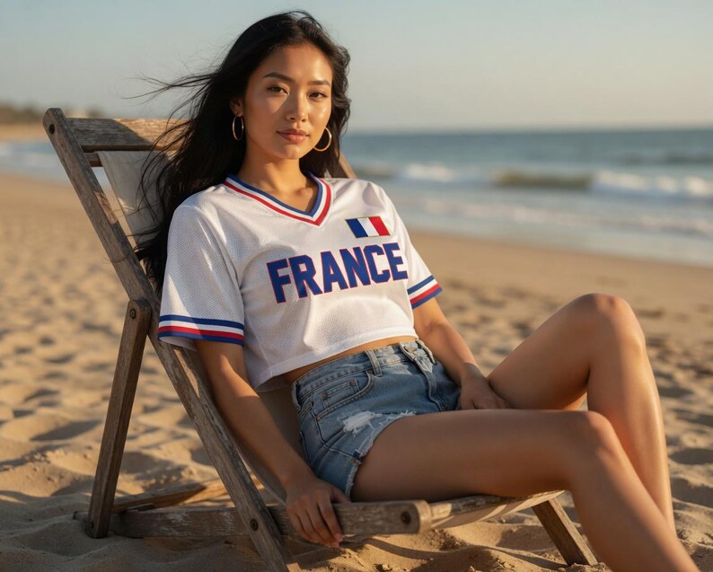 Puede incluir: Top corto blanco con ribetes azules y rojos y la palabra "FRANCE" en letras azules. La parte superior presenta la bandera francesa en la parte superior izquierda del pecho. La modelo lleva un pantal&oacute;n corto vaquero y est&aacute; sentada en una silla de playa de madera.