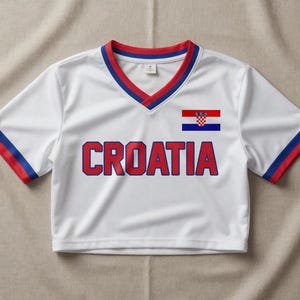 May include: White cropped soccer jersey with red and blue trim. The word "CROATIA" is printed in red block letters across the front. A Croatian flag is on the right chest.