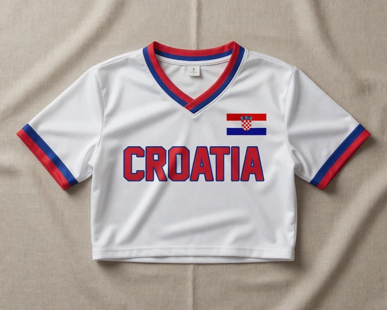 May include: White cropped soccer jersey with red and blue trim. The word "CROATIA" is printed in red block letters across the front. A Croatian flag is on the right chest.