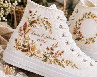 Custom Embroidered Wedding Converse Shoes, Personalized Floral Bridal Sneakers, Boho Bride High Tops, Wedding Date Shoes, Wedding Keepsake