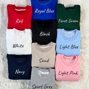 May include: A collection of nine crew neck sweatshirts in various colors, including red, royal blue, forest green, black, white, light blue, sand, navy, light pink, and sport grey. Each sweatshirt has the color name printed on it.