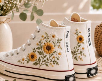 Personalized Sunflower Wedding Sneakers, Custom Bride High Top Shoes with Names and Date, Floral Bridal Footwear, Wedding Gift for Bride