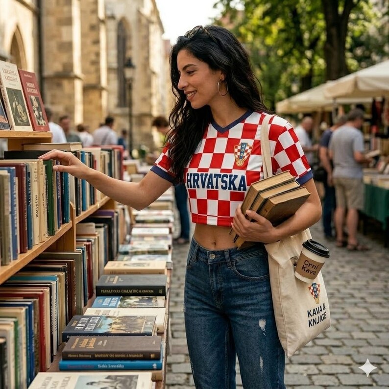May include: A red and white checkered crop top with the text HRVATSKA and a crest, paired with blue denim jeans and a beige canvas tote bag. The bag features the text KAVA & KNJIGE and a small graphic, holding books and a paper coffee cup.
