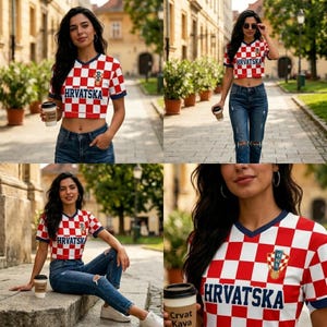 May include: A short-sleeved crop top featuring a red and white checkered pattern, a V-neckline with dark blue trim, and the word HRVATSKA printed in dark blue across the chest. A small emblem with a soccer ball is visible on the upper left side.