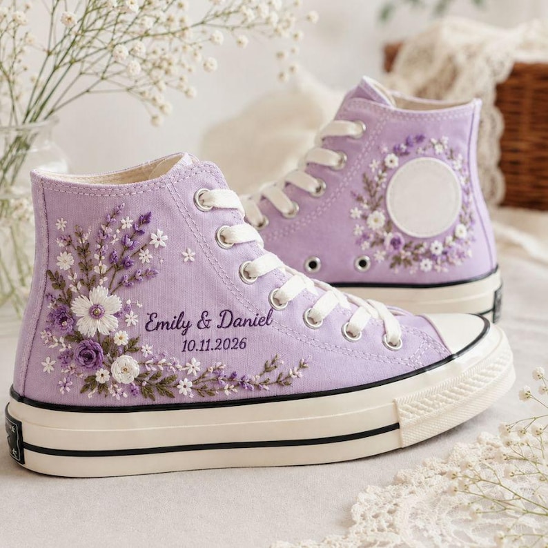 Purple bridal shoes and dress sneakers - purple floral wedding sneakers