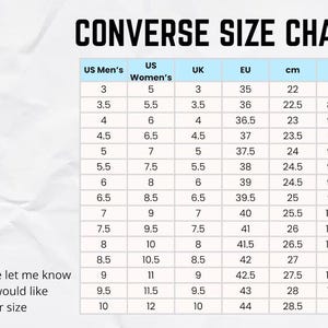May include: A Converse size chart table with columns for US Men's, US Women's, UK, EU, cm, and inch sizes. The table lists numerical values ranging from 3 to 10 for US Men's and 5 to 12 for US Women's. Text at the bottom reads: *Please let me know if you would like another size.