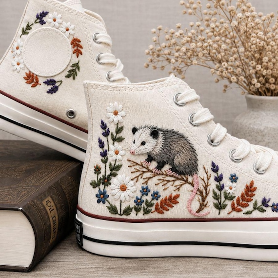 Embroidered Opossum Converse Shoes, Floral High Top Sneakers, Cottagecore Animal Lover Gift, Woodland Nature Shoes, Handmade Sneakers