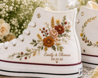 Custom Embroidered Wedding Converse Shoes, Personalized Floral Bridal Sneakers, Bride High Tops, Wedding Date Shoes, Bridal Shower Gift