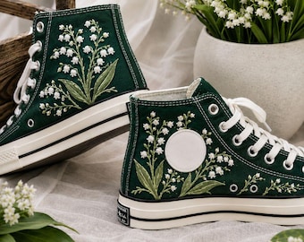 Embroidered Lily of the Valley Converse Shoes, Floral High Top Sneakers, Botanical Wedding Shoes, Bridal Shower Gift, Handmade Flower Shoes