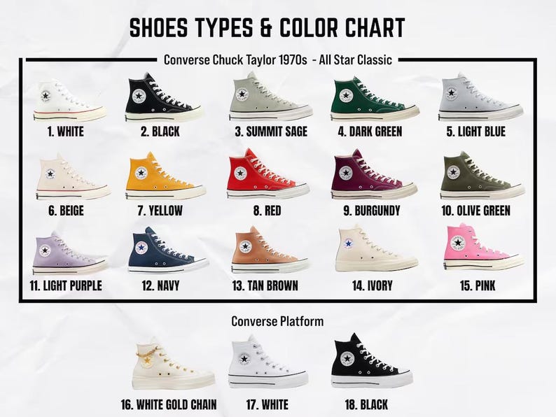 May include: A color chart titled SHOES TYPES & COLOR CHART displaying Converse Chuck Taylor 1970s All Star Classic sneakers in 15 colors including white, black, sage, green, blue, beige, yellow, red, burgundy, olive, purple, navy, tan, ivory, and pink.