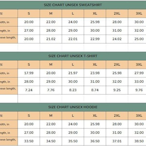 May include: A size chart for unisex sweatshirts, t-shirts, and hoodies. The chart displays measurements in inches for width, length, and sleeve length across sizes S to 3XL. The chart is in a tan and green color scheme.