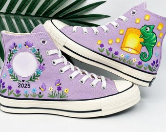 Pascal Embroidered Converse Shoes, Lantern Sneakers, Purple Custom High Tops For Her, Hand Embroidery Disney Inspired Gift