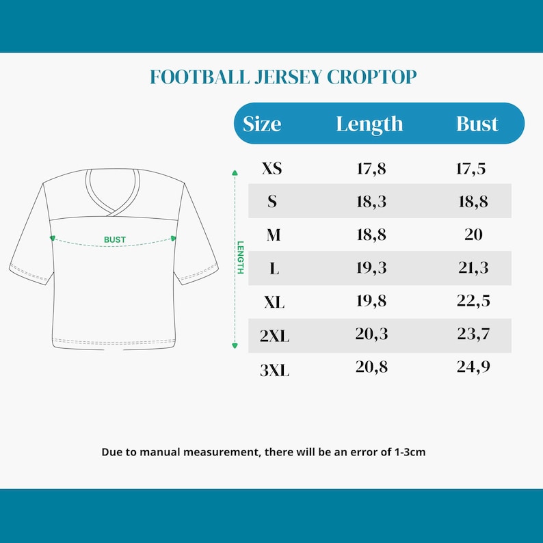 Puede incluir: Un top corto de camiseta de f&uacute;tbol blanco con dise&ntilde;o de cuello en V. La imagen incluye una tabla de tallas con medidas en cent&iacute;metros para largo y busto, desde XS hasta 3XL. El texto "FOOTBALL JERSEY CROPTOP" est&aacute; en la parte superior.