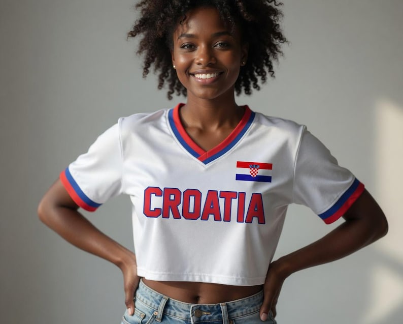 May include: White crop top with red and blue trim, featuring the word "CROATIA" in red block letters and a Croatian flag emblem. The shirt has a V-neck and short sleeves.