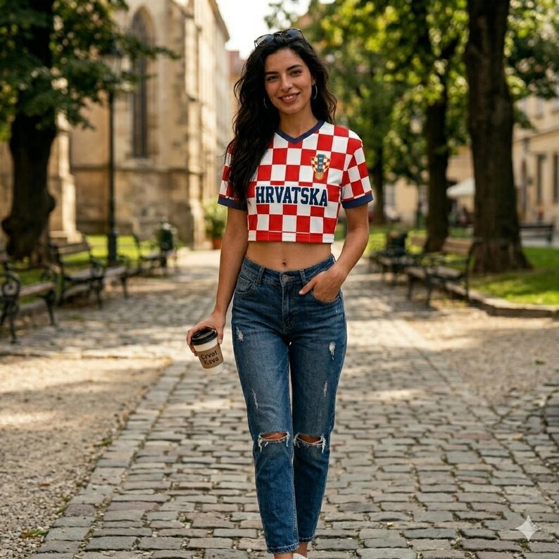 May include: A short-sleeved crop top featuring a red and white checkered pattern, a V-neckline, and the word HRVATSKA printed in blue across the chest, paired with blue denim jeans that have distressed detailing at the knees.