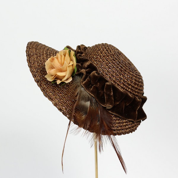 Premium straw doll hat size L brown, bonnet for BJD - SD and other dolls, for head circumference 8-9"