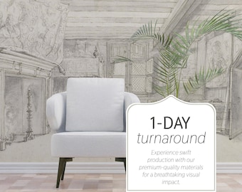 Può includere: Una poltrona bianca si trova di fronte a un muro con uno schizzo in bianco e nero di una stanza con un camino. Il testo "1-DAY turnaround" è su un cartello bianco davanti alla poltrona. Il testo sotto il cartello dice "Experience swift production with our premium-quality materials for a breathtaking visual impact."