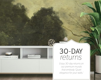 Green Forest Painting Wall Mural, Ethereal Antique Style, Removable Wallpaper
