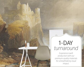 Cliffside Castle Ruins Seascape Wallpaper Mural, Accent Wall: Non-Pasted, Pre-Pasted and Peel & Stick