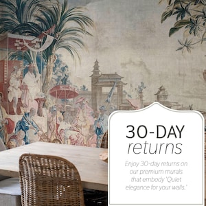 May include: A dining room featuring a large mural with a historical scene in muted tones of beige, blue, and red. The room includes a wooden table and chairs. The text on the image says "30-DAY returns".