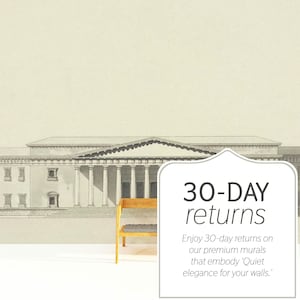 May include: An architectural illustration of a building with columns and windows, accompanied by a small wooden chair. A white sign displays "30-DAY returns" and text about premium murals.