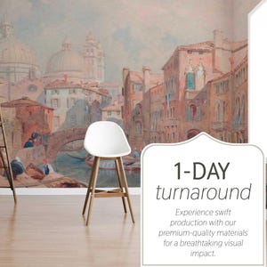 May include: A room featuring a mural of a European cityscape with a bridge and canals. A white chair and a wooden ladder are in front of the mural. The text "1-DAY turnaround" is displayed on the right.