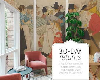May include: A living room with two pink armchairs and a small black side table. The wall is covered with a vintage mural depicting people in a Parisian street scene. The text on the white sign reads "30-DAY returns Enjoy 30-day returns on our premium murals that embody 'Quiet elegance for your walls.'"