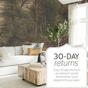 May include: A living room scene featuring a white sofa, a wooden coffee table, and a forest mural on the wall. The image includes a decorative plant and the text "30-DAY returns". The room is decorated with neutral-toned pillows and curtains.