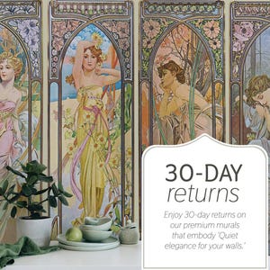 Puede incluir: Mural de pared de cuatro paneles con ilustraciones de estilo Art Nouveau de mujeres con vestidos fluidos, con elementos florales y naturales. También se ve el texto "30-DAY returns".