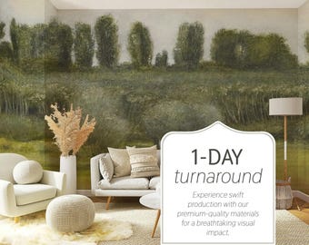 Verdant Forest Wallpaper Mural, Tranquil Tree Grove, Peel and Stick or Traditional