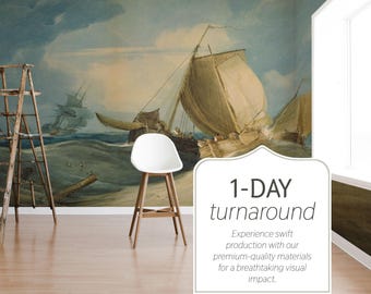 Fishermen at Sea Mural, Coastal Seascape Wallpaper, Peel and Stick