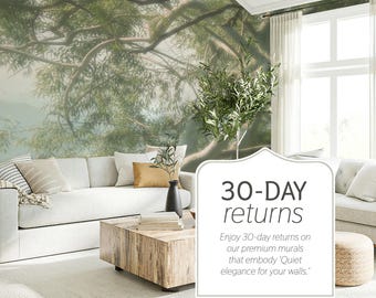 May include: A living room scene featuring a light-colored sofa, pillows, and a wooden coffee table. A large mural of a tree and foliage is on the wall. The image includes the text "30-DAY returns".