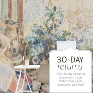 May include: An artistic mural with a vintage aesthetic, featuring figures in a room with a table and chair. The background showcases a colorful, abstract design. Text on the image reads "30-DAY returns".