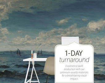 Moody Seascape Mural, Overcast Ocean View, Peel & Stick Wallpaper