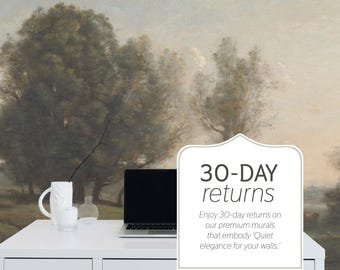 May include: A white desk with a laptop computer, a white ceramic pitcher, and a glass bottle on top. The desk is in front of a wall with a painting of a landscape with trees and a cloudy sky. The text "30-DAY returns" is on a white sign in the lower right corner of the image. Enjoy 30-day returns on our premium murals that embody 'Quiet elegance for your walls.'